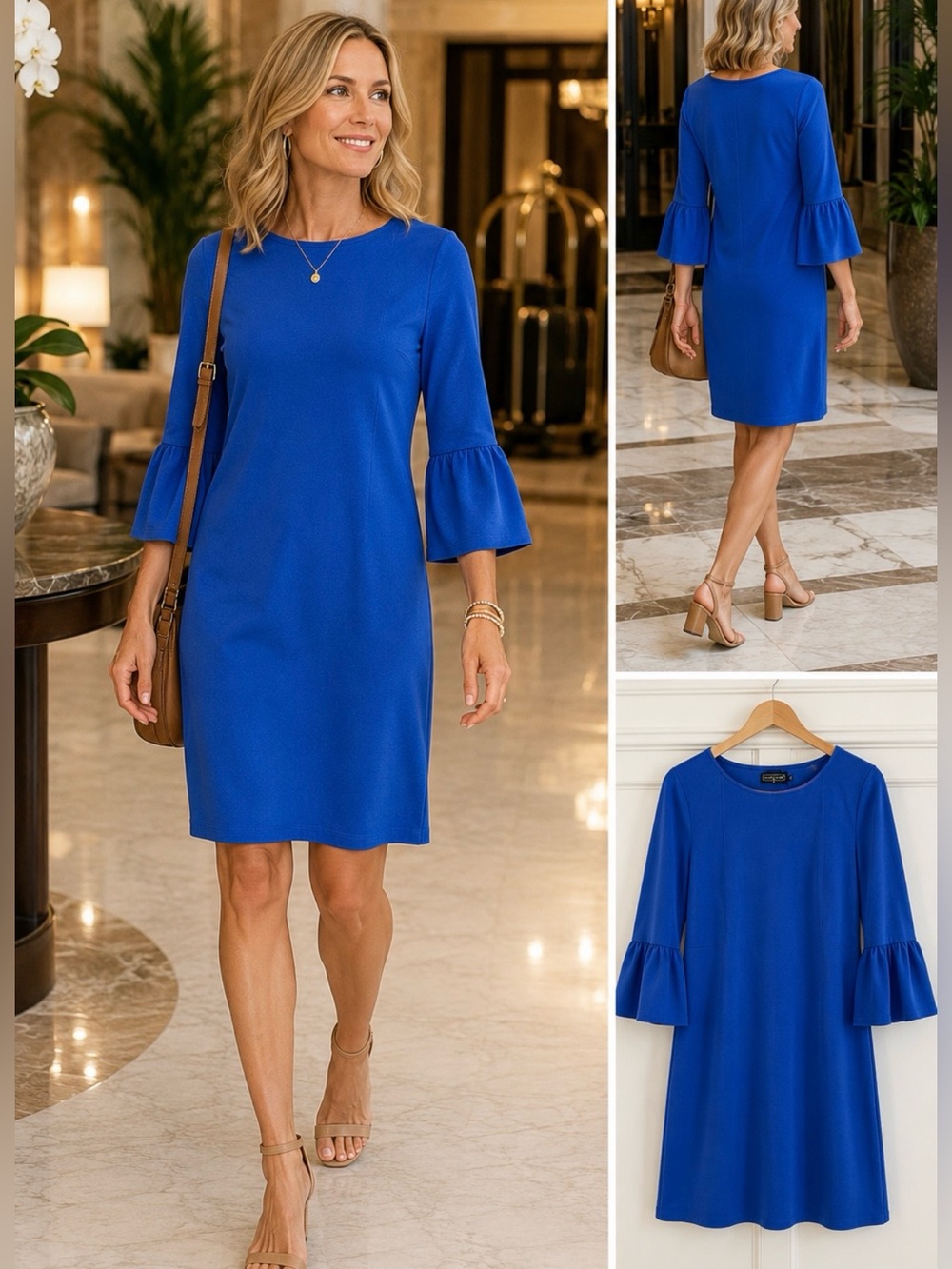 Duffield Lane Cobalt Blue  Stretch Knit Ruffle Sleeve Shift Dress Sz L💚🎀